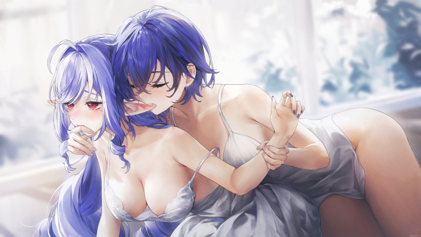2girls absurdres alternate_costume bare_shoulders belle_(zenless_zone_zero) biting biting_ear biting_finger blunt_bangs blurry blurry_background blush breasts cleavage closed_eyes crossed_bangs dress drill_hair drill_sidelocks green_eyes hair_between_eyes highres indoors large_breasts looking_to_the_side mole mole_under_eye multicolored_hair multiple_girls no_panties pointy_ears purple_dress red_eyes short_hair sidelocks streaked_hair swkl:d vivian_(zenless_zone_zero) white_hair window yuri zenless_zone_zero