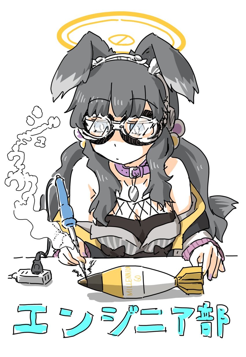 1girl ammunition animal_ears bare_shoulders blue_archive blue_eyes breasts bright_pupils collar collarbone dog_ears dog_tags goggles grey_hair hair_bobbles hair_ornament halo hariyaa hibiki_(blue_archive) highres long_hair long_sleeves medium_breasts mortar_shell nail_polish off_shoulder purple_collar smoke soldering soldering_iron solo white_background white_pupils yellow_halo
