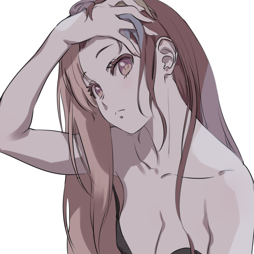 1girl absurdres arm_at_side arm_up bare_arms bare_shoulders black_bra blue_hair bra breasts brown_hair cleavage closed_mouth collarbone commentary_request frown galaco hand_in_own_hair hand_on_own_forehead highres looking_at_viewer looking_back medium_breasts multicolored_hair pink_eyes simple_background solo streaked_hair tarokazu underwear underwear_only upper_body vocaloid white_background