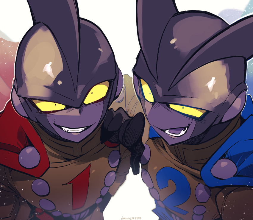 2boys artist_name black_gloves blue_cape buttons cape colored_sclera colored_skin colored_tongue commentary_request crazy_eyes crazy_smile double-breasted dragon_ball dragon_ball_super dragon_ball_super_super_hero fang gamma_1 gamma_2 gloves grey_skin grin hand_on_another&#039;s_shoulder hand_up harvest88 jacket long_sleeves looking_at_viewer male_focus multiple_boys open_mouth purple_tongue red_cape simple_background smile teeth upper_body v-shaped_eyebrows white_background yellow_jacket yellow_sclera