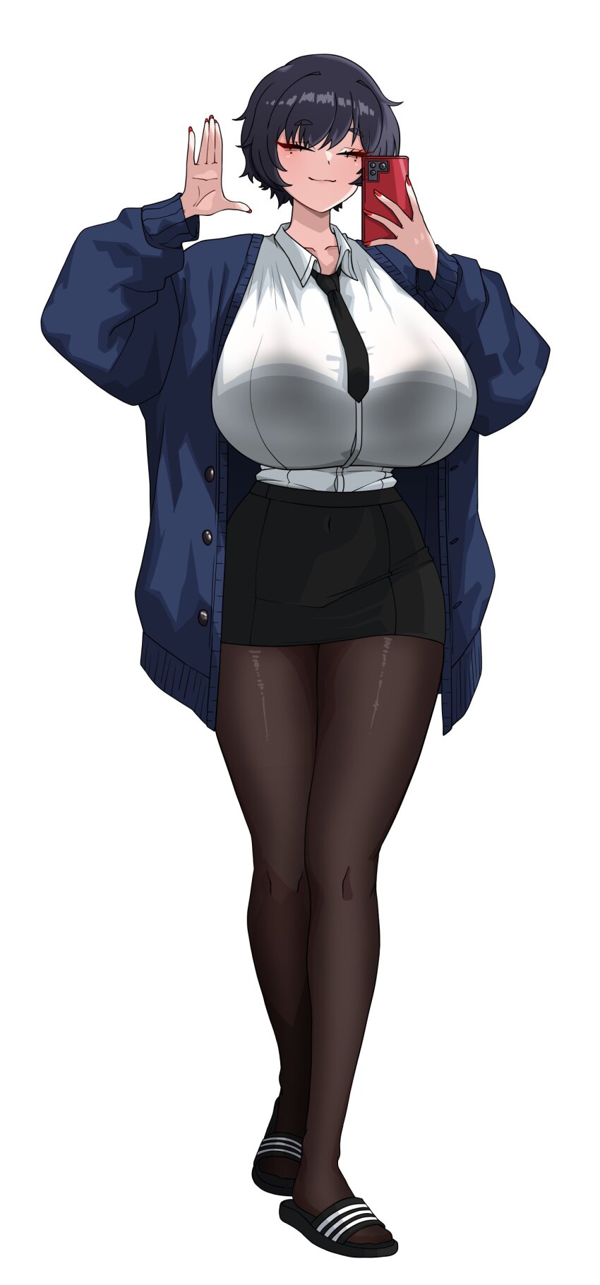 1girl absurdres amx1375 black_hair black_necktie black_sandals black_skirt blue_jacket bra_visible_through_clothes breasts brown_pantyhose cellphone closed_eyes closed_mouth collared_shirt commentary dress_shirt english_commentary full_body hands_up highres holding holding_phone huge_breasts jacket long_sleeves miniskirt mole mole_under_each_eye mole_under_eye multiple_moles narrow_eyes_oc_(amx1375) necktie open_clothes open_jacket original pantyhose phone red_nails sandals shirt shirt_tucked_in short_hair simple_background skirt smartphone smile solo standing white_background white_shirt