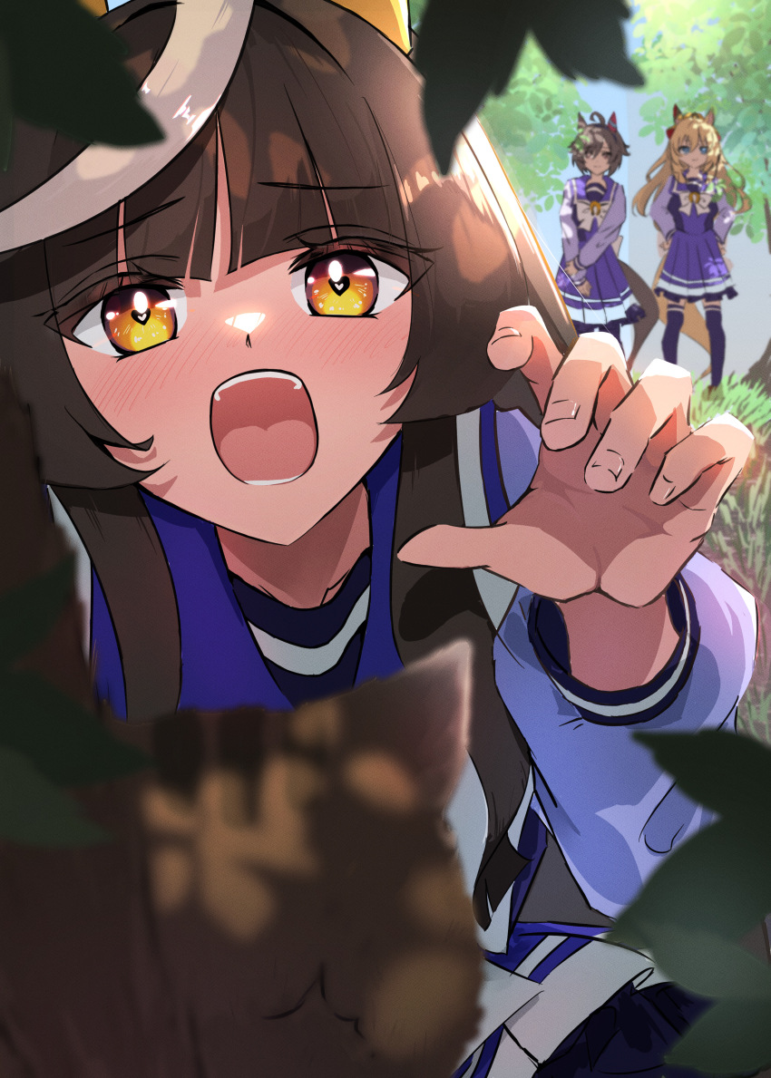 3girls absurdres ahoge animal_ears back_bow believe_(umamusume) black_hair blonde_hair blurry blurry_background blurry_foreground bow bowtie calstone_light_o_(umamusume) cat commentary_request depth_of_field durandal_(umamusume) ear_covers grey_eyes hands_on_own_hips heart heart-shaped_pupils highres horse_ears horse_girl horse_tail long_hair long_sleeves looking_at_viewer multiple_girls naegi_happy open_mouth orange_eyes outdoors outstretched_hand pleated_skirt purple_sailor_collar purple_shirt purple_skirt purple_thighhighs reaching reaching_towards_viewer sailor_collar school_uniform shirt short_hair sidelocks single_ear_cover skirt symbol-shaped_pupils tail thighhighs tracen_school_uniform umamusume white_bow white_bowtie winter_uniform