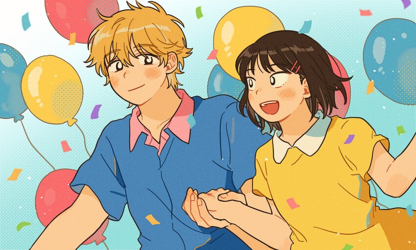 1boy 1girl aqua_background balloon blonde_hair blue_shirt blush brown_hair closed_mouth collared_dress collared_shirt confetti couple dress hair_ornament hairclip hetero highres holding_hands iwakura_mitsumi looking_at_another open_mouth shima_sousuke shirt short_hair sihyun25 skip_to_loafer smile yellow_dress