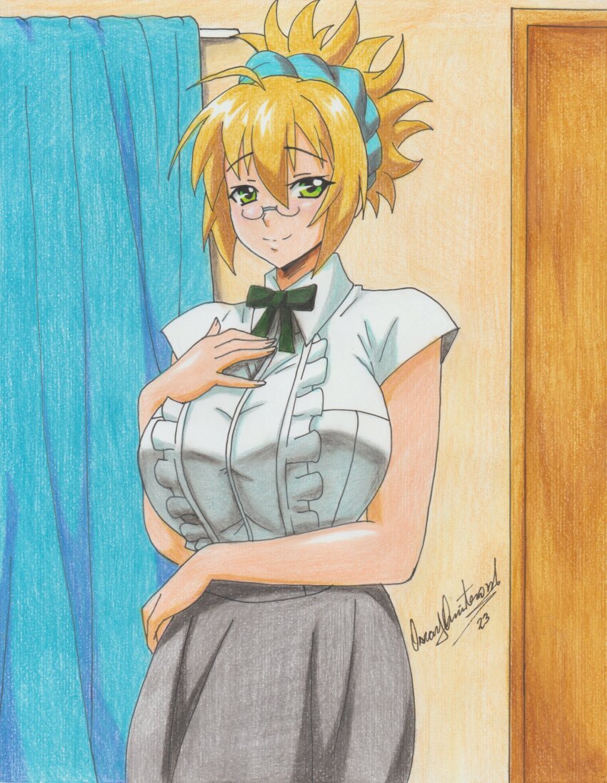 1girl 2023 absurdres artist_name blonde_hair blouse boku_to_misaki-sensei bow breasts cowboy_shot curtains door female_focus frills glasses green_bow green_eyes grey_skirt hair_between_eyes hairband hand_on_own_chest highres indoors large_breasts looking_at_viewer mature_female misaki-sensei pencil_skirt ravernclouk_design shirt short_sleeves skirt smile solo traditional_media