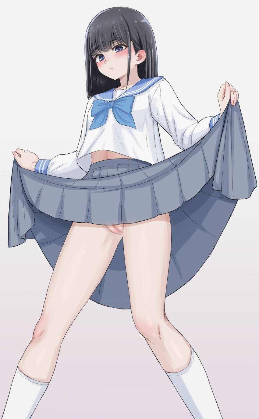 1girl black_hair blue_bow blue_sailor_collar blush bow breasts censored closed_mouth collarbone embarrassed gradient_background grey_background grey_skirt highres kneehighs lifting_own_clothes long_sleeves looking_down medium_hair midriff_peek mosaic_censoring mustee no_panties original pleated_skirt pussy sailor_collar school_uniform serafuku shirt sidelocks simple_background skirt small_breasts socks solo standing white_serafuku white_socks