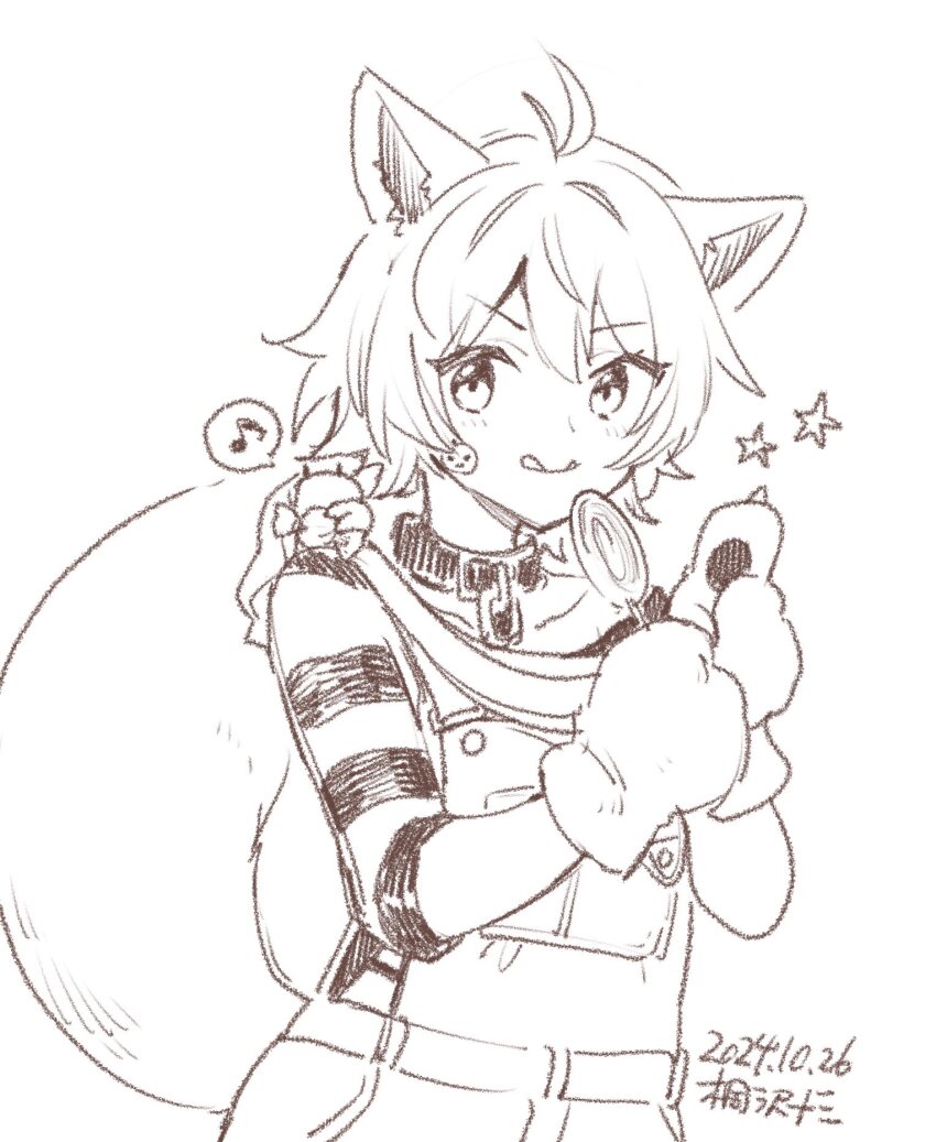 1girl ahoge animal animal_ears animal_hands animal_on_shoulder artist_name candy crab_on_shoulder dated eighth_note food gloves greyscale halloween_costume highres kantai_collection kirisawa_juuzou lollipop monochrome musical_note oboro_(halloween)_(kancolle) oboro_(kancolle) overalls paw_gloves shirt short_hair solo spoken_musical_note sticker_on_face striped_clothes striped_shirt swirl_lollipop tail tongue tongue_out upper_body wolf_ears wolf_tail
