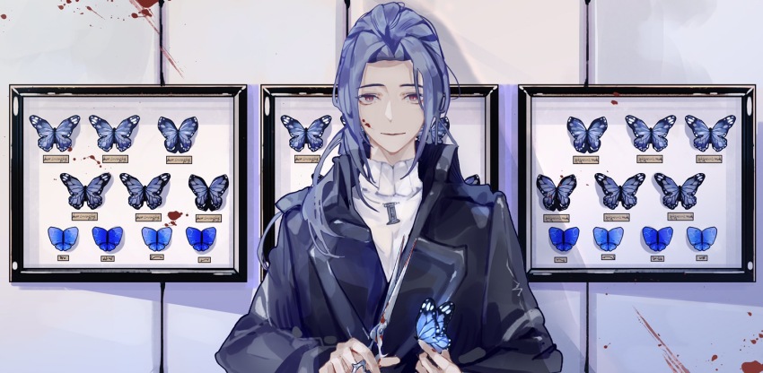 1boy black_coat blood blood_on_face blood_on_hands blood_on_wall blue_butterfly blue_hair bug butterfly character_request check_gender chinese_commentary coat commentary copyright_request eoo_eewei gender_request holding_butterfly insect jewelry long_hair looking_at_viewer male_focus necklace official_alternate_costume parted_bangs picture_frame ponytail purple_eyes scissors shirt solo straight-on turtleneck turtleneck_shirt upper_body white_shirt