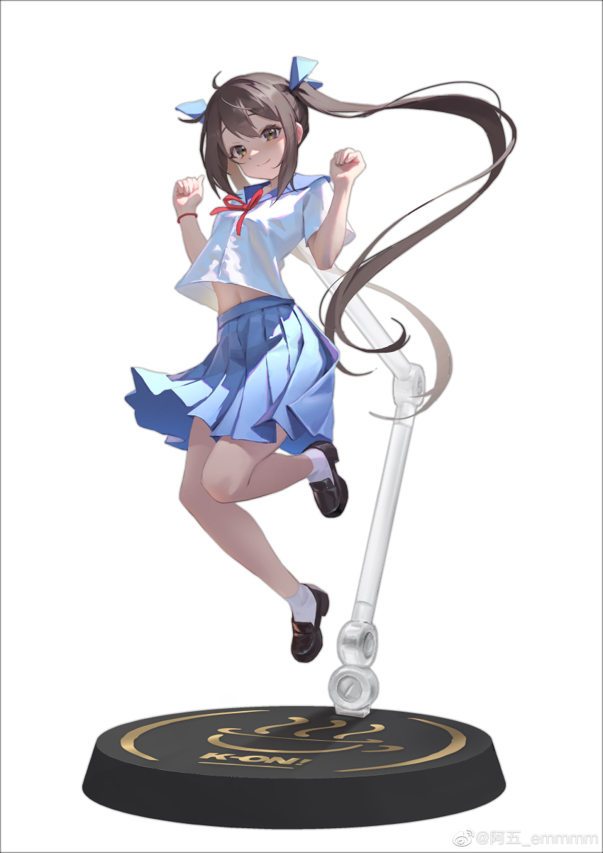 1girl a_wu absurdres ahoge black_shoes blue_skirt brown_eyes brown_hair clenched_hands figure_stand floating_hair full_body hair_ribbon hands_up highres jumping k-on! leg_up looking_at_viewer nakano_azusa navel neck_ribbon ribbon sailor_collar school_uniform serafuku shirt shoes short_sleeves sidelocks simple_background skirt smile socks solo twintails watermark weibo_watermark white_background white_shirt white_socks wind wind_lift wristband