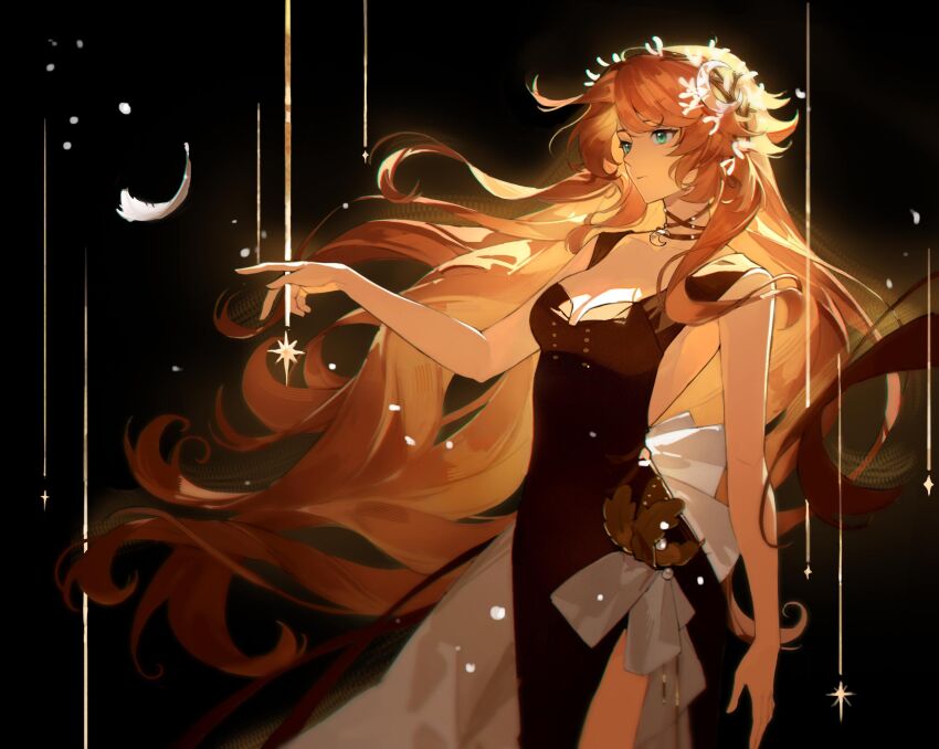 1girl backlighting bare_arms black_background black_dress bloom breasts cleavage closed_mouth cowboy_shot crescent crescent_hair_ornament dress druvis_iii falling_feathers feathers floating_hair from_side green_eyes hair_ornament hand_up highres jiaxin_qiqiu_bao_dan leaf_hair_ornament long_hair looking_ahead medium_breasts orange_hair reverse:1999 side_slit sleeveless sleeveless_dress solo sparkle very_long_hair white_feathers