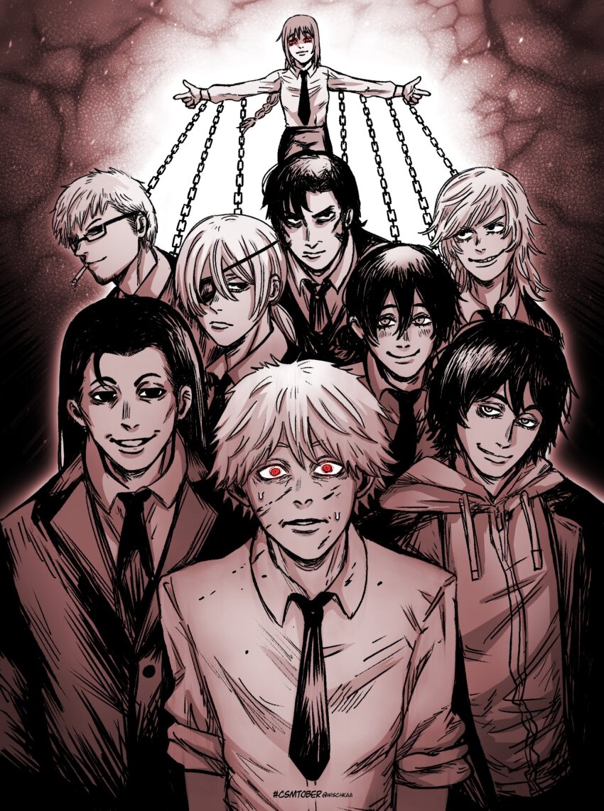 4girls 5boys barem_bridge blood blood_on_clothes blood_on_face braid braided_ponytail chain chainsaw_man cigarette commentary denji_(chainsaw_man) eyepatch facial_hair formal_clothes frown glasses goatee greyscale highres hood hoodie jacket_over_hoodie katana_man_(chainsaw_man) long_hair long_sideburns makima_(chainsaw_man) monochrome multiple_boys multiple_girls necktie quanxi_(chainsaw_man) red_eyes reze_(chainsaw_man) sepia sideburns smile spear_devil_(chainsaw_man) spot_color sugo_miri suit sweat twitter_username whip_devil_(chainsaw_man) wischkaa