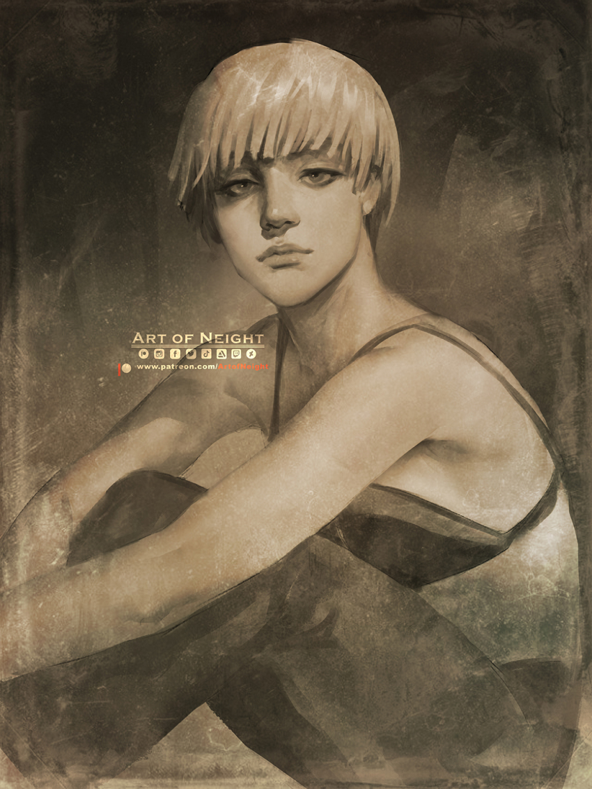 1girl armpits art_of_neight artstation_logo blonde_hair bowl_cut bra closed_mouth deviantart_logo english_text expressionless facebook_logo grey_eyes highres instagram_logo knees_up lips looking_at_viewer patreon_logo sepia shingeki_no_kyojin sitting tiktok_logo twitch_logo twitter_logo underwear yelena_(shingeki_no_kyojin)
