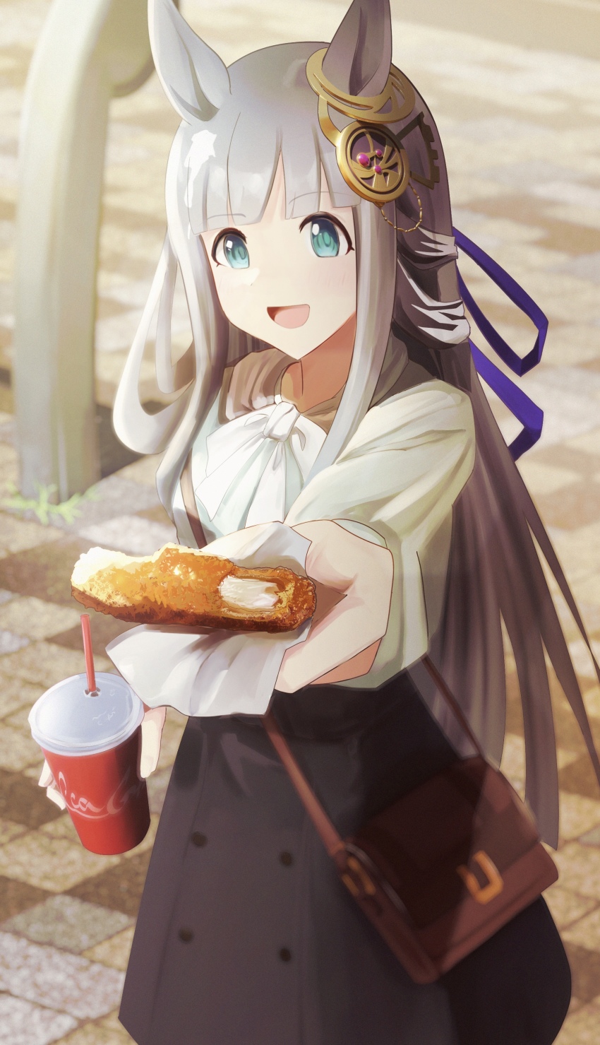 1girl absurdres animal_ears bag blue_eyes blunt_bangs blurry blurry_background blush casual chrono_genesis_(umamusume) cup denryoku_saboten food grey_hair hair_between_eyes hair_ornament highres holding holding_cup horse_ears horse_girl long_hair looking_at_viewer open_mouth reaching reaching_towards_viewer satchel solo umamusume