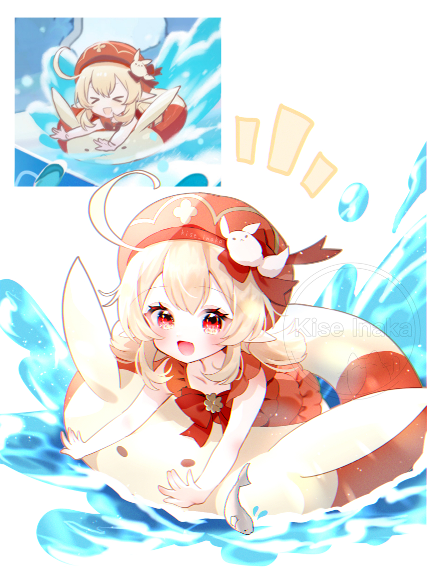 1girl :d absurdres ahoge alternate_costume blonde_hair blush collarbone commentary_request dodoco_(genshin_impact) genshin_impact hair_between_eyes hat highres innertube kise_inaka klee_(genshin_impact) newsboy_cap notice_lines one-piece_swimsuit open_mouth pointy_ears red_eyes red_hat red_one-piece_swimsuit reference_inset smile solo swim_ring swimsuit water