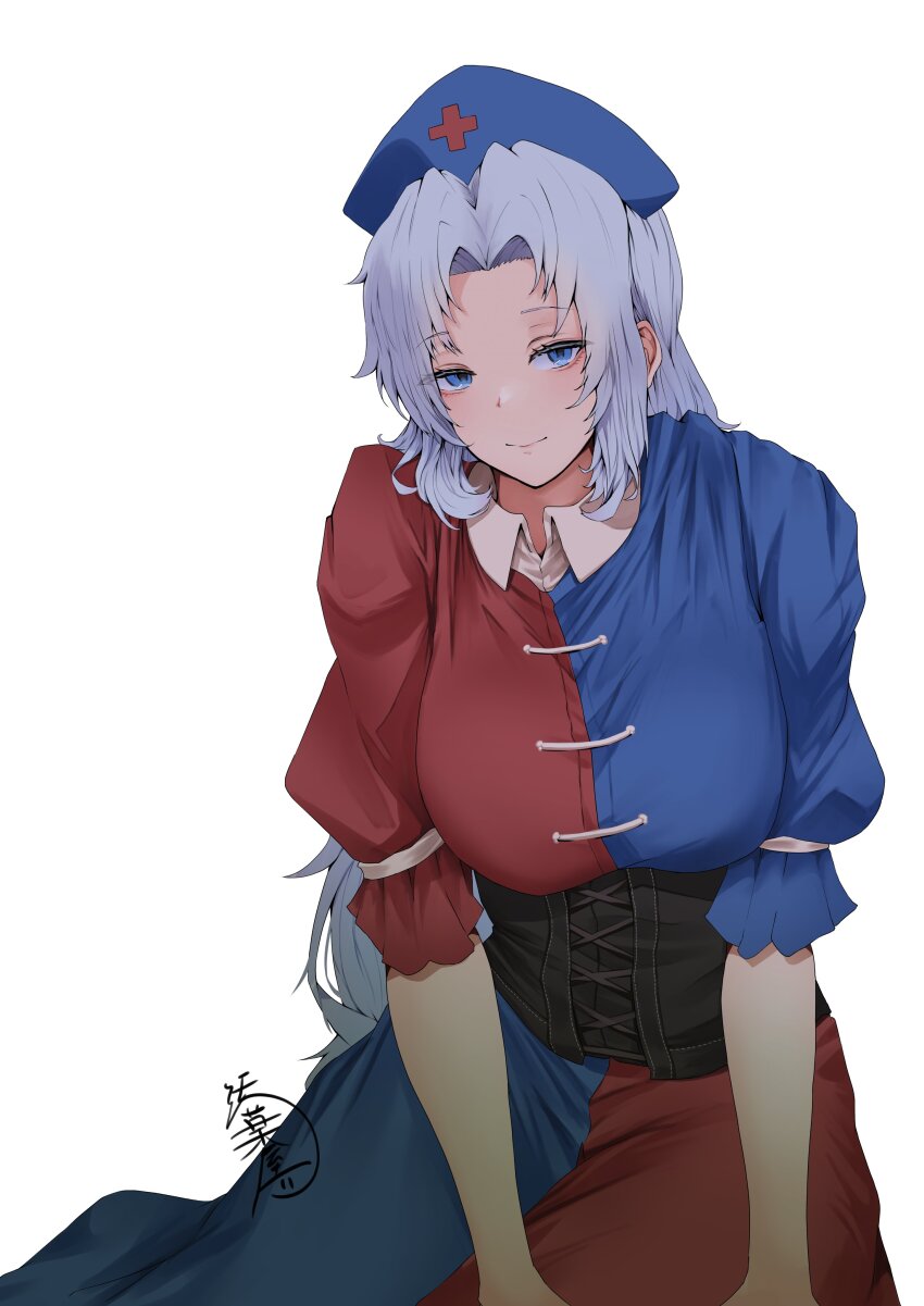 1girl absurdres blue_dress blue_eyes blue_hat blush braid breasts constellation constellation_print corset cross dress grey_hair hat highres large_breasts long_hair looking_at_viewer multicolored_dress nurse_cap red_cross red_dress red_eyes short_sleeves signature simple_background smile solo touhou trigram two-tone_dress very_long_hair white_background yagokoro_eirin yagoro_kusuriya