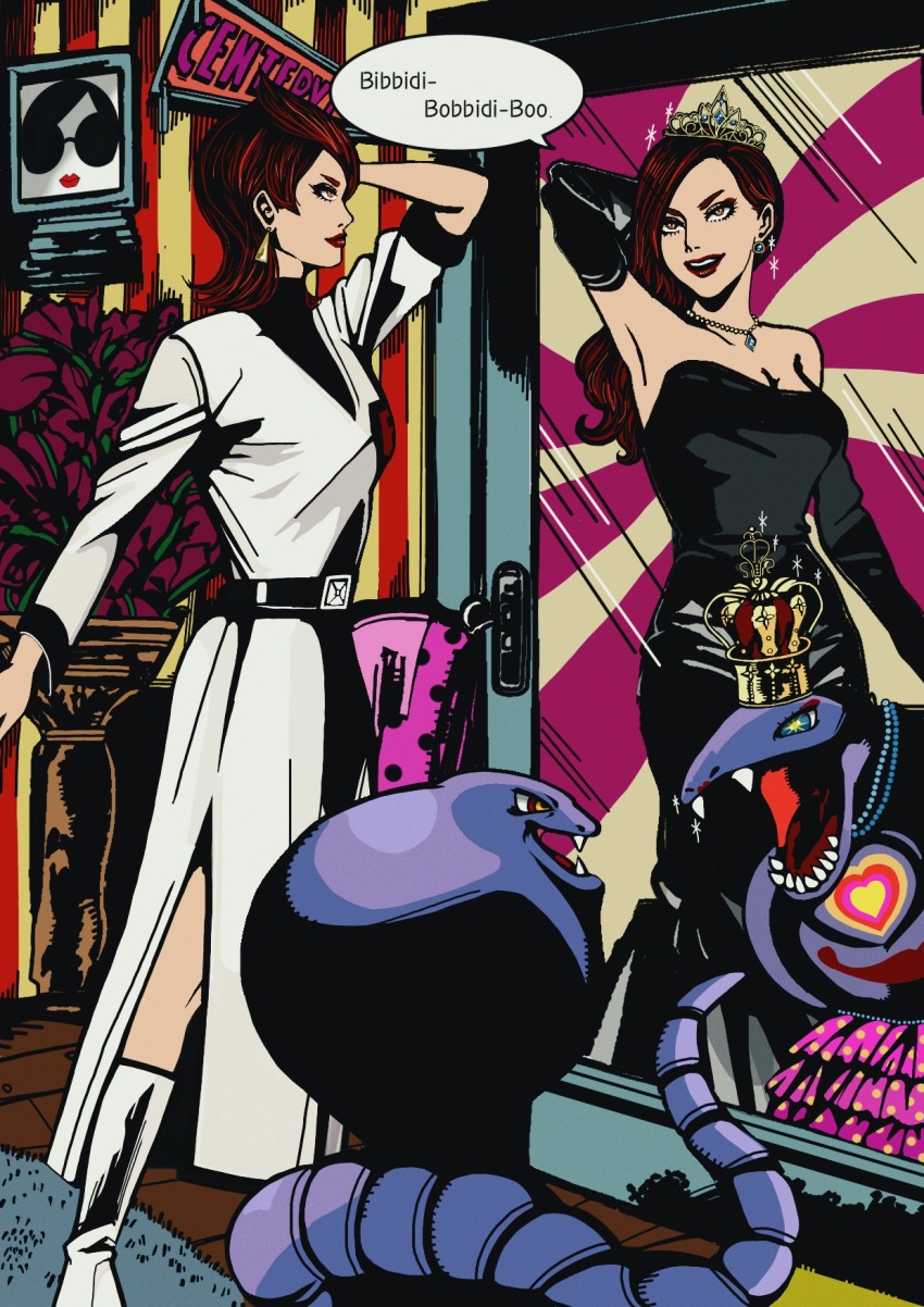 1girl a-tan-puk1 arbok ariana_(pokemon) black_gloves breasts cleavage crown different_reflection fangs gen_1_pokemon gloves heart highres nintendo open_mouth pokemon pokemon_(creature) pokemon_hgss red_hair red_lips reflection standing team_rocket team_rocket_uniform tiara yellow_eyes