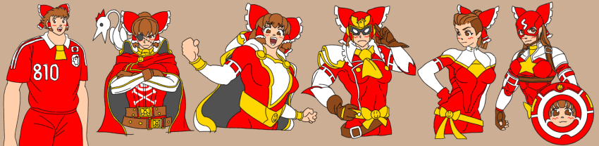 1girl bodysuit bow breasts brown_eyes brown_gloves brown_hair cape captain_america captain_america&#039;s_shield captain_america_(cosplay) captain_falcon captain_falcon_(cosplay) captain_marvel captain_marvel_(cosplay) captain_tsubasa character_request closed_mouth commentary_request cookie_(touhou) cosplay eyepatch f-zero frilled_bow frills gloves hair_bow hakurei_reimu harlock harlock_(cosplay) harlock_saga helmet highres holding holding_shield kanna_(cookie) long_hair long_image looking_at_viewer marvel medium_breasts multiple_views name_connection nintendo oozora_tsubasa oozora_tsubasa_(cosplay) open_mouth parody red_bodysuit red_bow red_cape red_shirt red_shorts shield shirt short_hair shorts simple_background smile smiley_face soccer_uniform sportswear star_(symbol) style_parody takahashi_youichi_(style) the_chicken_that_appears_in_the_middle_of_cookie ukiwagirl upper_body white_background wide_image
