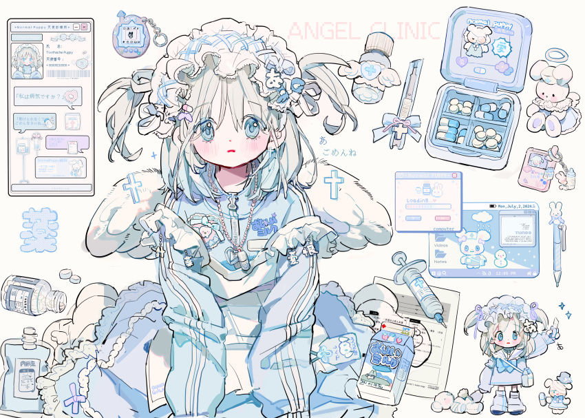1girl absurdres apron blue_eyes blue_jacket blush boxcutter chibi chibi_inset closed_mouth cowboy_shot cross dress feathered_wings frilled_dress frills full_body hair_ornament headdress highres intravenous_drip jacket jewelry long_sleeves looking_at_viewer medium_hair multiple_views necklace original paper pen pill pill_bottle putong_xiao_gou shoes sitting stuffed_animal stuffed_toy syringe teddy_bear two_side_up white_apron white_background white_hair white_headdress white_shoes white_wings window_(computing) wings zipper