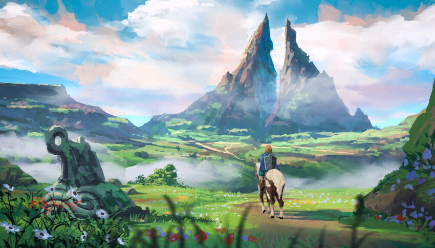 1boy artist_name blonde_hair blue_sky bush cloak cloud cloudy_sky english_text flower grass guardian_(zelda) highres horse link mountain nintendo outdoors procreate_(medium) rajawat red_flower shield shield_on_back signature sky the_legend_of_zelda watermark white_flower
