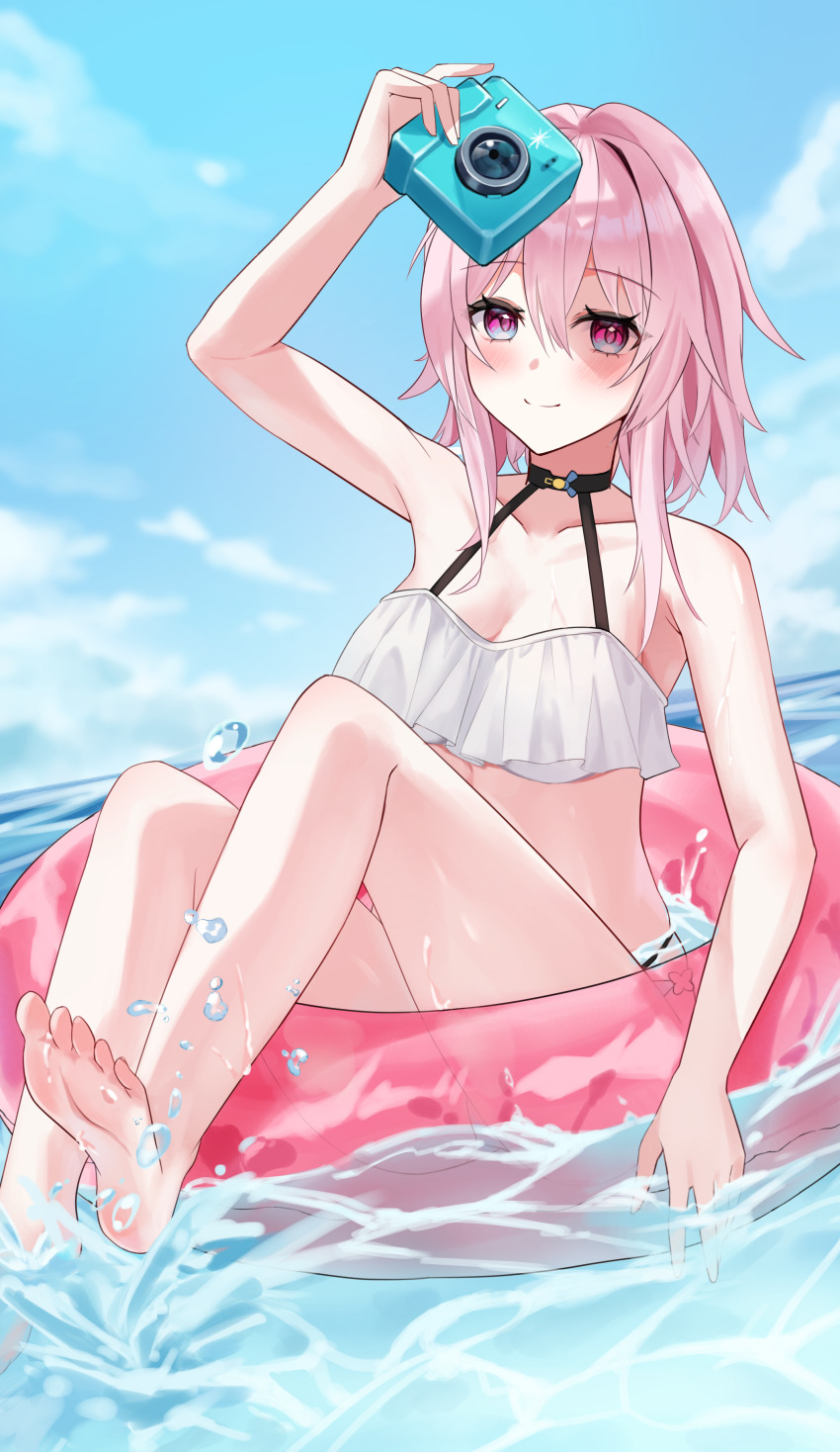 1girl absurdres bare_shoulders barefoot bikini black_choker blue_eyes blue_sky camera choker cloud day highres holding holding_camera honkai:_star_rail honkai_(series) innertube looking_at_viewer march_7th_(honkai:_star_rail) multicolored_eyes pink_hair popo_y purple_eyes short_hair sitting sky solo swim_ring swimsuit thighs two-tone_eyes water white_bikini