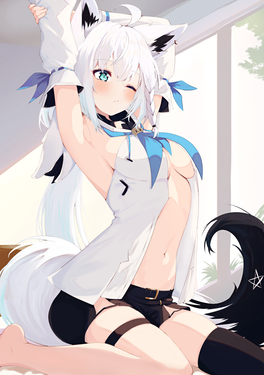 1girl absurdres ahoge animal_ear_fluff animal_ear_piercing animal_ears aqua_eyes aqua_neckerchief armpits arms_behind_back arms_up belt black_belt black_shorts breasts closed_mouth commentary_request detached_sleeves fox_ears fox_girl fox_tail grey_hair highres hololive long_hair long_sleeves medium_breasts natsuki_(natsu_1936) navel neckerchief one_eye_closed pentagram shirakami_fubuki shirakami_fubuki_(1st_costume) short_shorts shorts sideboob single_thighhigh sitting solo stomach tail thick_thighs thigh_strap thighhighs thighs very_long_hair virtual_youtuber wariza white_hair