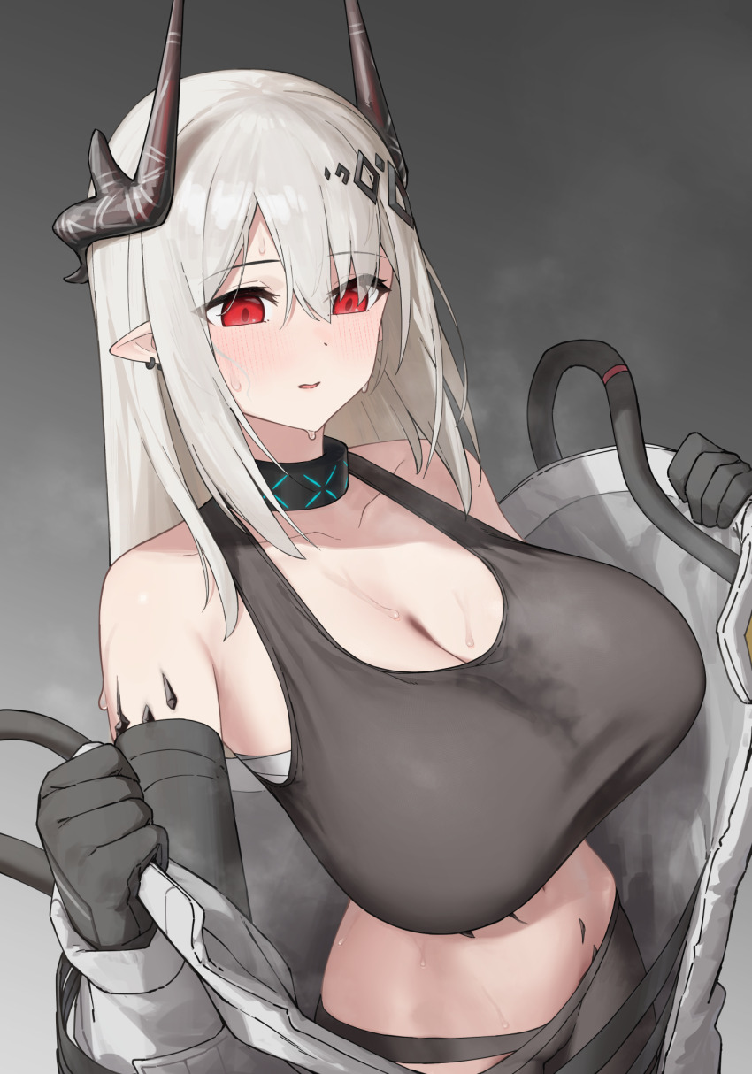 1girl allen.n arknights bare_shoulders bike_shorts black_gloves black_sports_bra blush breasts cleavage collar collarbone cowboy_shot earrings elbow_gloves gloves grey_background highres horns huge_breasts infection_monitor_(arknights) jewelry large_breasts long_hair looking_down material_growth mudrock_(arknights) open_clothes open_mouth oripathy_lesion_(arknights) pointy_ears red_eyes sidelocks simple_background solo sports_bra sweat undressing wet wet_clothes white_hair