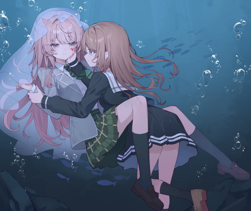2girls air_bubble bang_dream! bang_dream!_it&#039;s_mygo!!!!! black_shoes black_socks blood blood_on_face blue_eyes blue_shirt blue_skirt brown_hair brown_shoes bubble chihaya_anon chinese_commentary commentary_request diagonal-striped_clothes diagonal-striped_necktie green_necktie grey_jacket hand_on_another&#039;s_cheek hand_on_another&#039;s_face haneoka_school_uniform highres injury jacket kneehighs loafers long_hair long_sleeves maidcode1023 multiple_girls nagasaki_soyo necktie pink_hair pleated_skirt school_uniform shirt shoes skirt socks striped_clothes tsukinomori_school_uniform underwater veil yuri