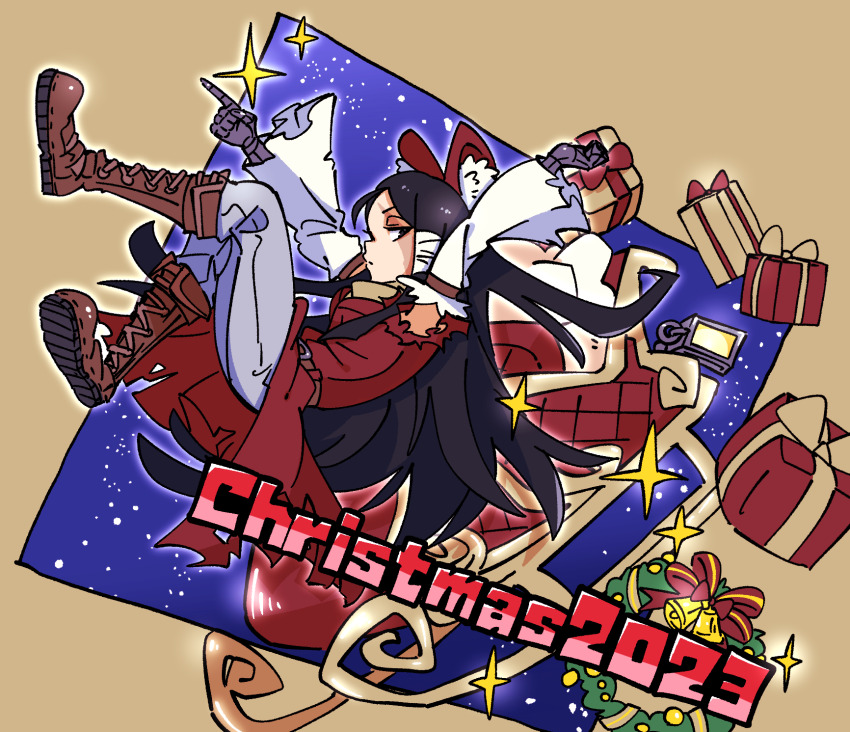 1girl 2023 arms_up bell belt black_eyes black_hair boots bow box brown_background brown_belt brown_boots christmas christmas_wreath closed_mouth coat commentary_request cookie_(touhou) detached_sleeves expressionless full_body gift gift_box gloves gram_9 grey_gloves grey_pants hair_bow hakurei_reimu highres lantern long_hair looking_at_viewer looking_to_the_side pants pointing red_bow red_coat scar scar_across_eye scar_on_face sidelocks sleeveless sleeveless_coat sleigh solo sparkle torn_clothes torn_sleeves touhou white_sleeves wreath yuki_haruka