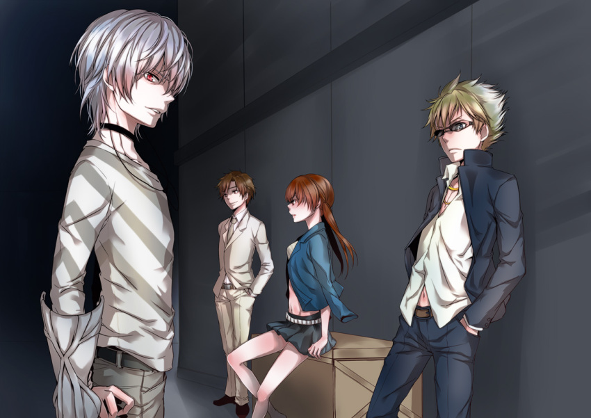 1girl 3boys accelerator_(toaru_majutsu_no_index) against_wall albino bad_id bad_pixiv_id belt blonde_hair brown_eyes brown_hair choker crate etzali hands_in_pockets jacket kadaka_(9m) long_hair looking_at_viewer looking_away midriff miniskirt multiple_boys musujime_awaki navel necktie red_eyes red_hair school_uniform shirt short_hair skirt striped_clothes striped_shirt sunglasses toaru_majutsu_no_index tsuchimikado_motoharu twintails unabara_mitsuki white_hair