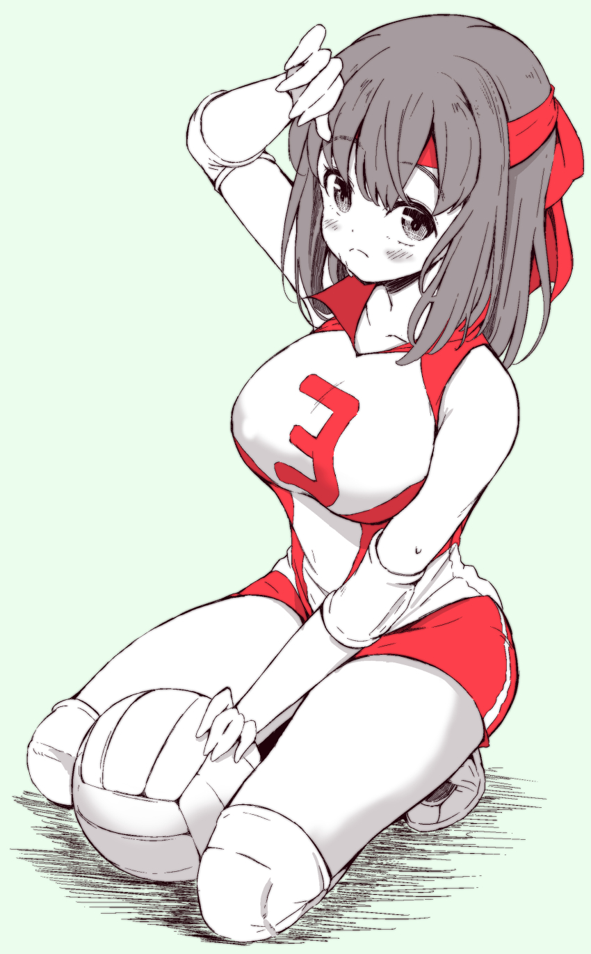 1girl absurdres ball closed_mouth commentary elbow_pads frown full_body girls_und_panzer green_background headband highres knee_pads kneeling kondou_taeko looking_at_viewer medium_hair partially_colored red_headband red_shirt red_shorts red_socks shiiba_aki shirt shoes short_shorts shorts single_vertical_stripe sleeveless sleeveless_shirt sneakers socks solo sportswear sweat volleyball_(object) volleyball_uniform wiping_sweat