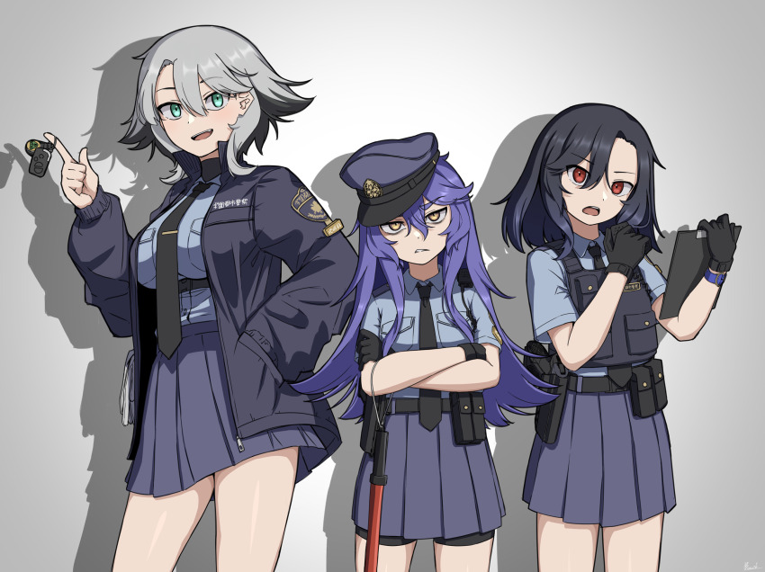 3girls angry baton_(weapon) belt belt_pouch bismuth_(paravene) black_gloves black_hair blue_eyes blue_hair blue_shirt blue_skirt bulletproof_vest collared_shirt crossed_arms gloves grey_background grey_hair gun handgun hat highres holding holding_key jacket key keyring long_hair multicolored_hair multiple_girls necktie open_mouth original pleated_skirt pocket police police_badge police_hat police_uniform policewoman pouch red_eyes shadow shirt short_hair shorts shorts_under_skirt skirt smile teeth two-tone_hair upper_teeth_only weapon yellow_eyes