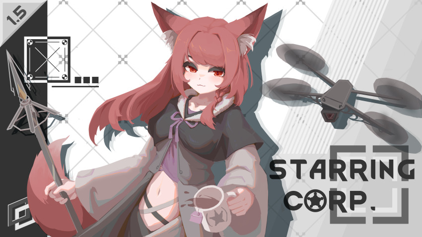 1girl absurdres animal_ear_fluff animal_ears black_capelet blush braid breasts capelet closed_mouth collarbone cup drone english_text fox_ears fox_girl fox_tail highres holding holding_cup holding_weapon hushou896792 long_hair long_sleeves looking_at_viewer midriff mug original polearm red_eyes red_fur red_hair rimworld single_braid solo spear spilling tail tea teabag weapon white_fur wide_sleeves