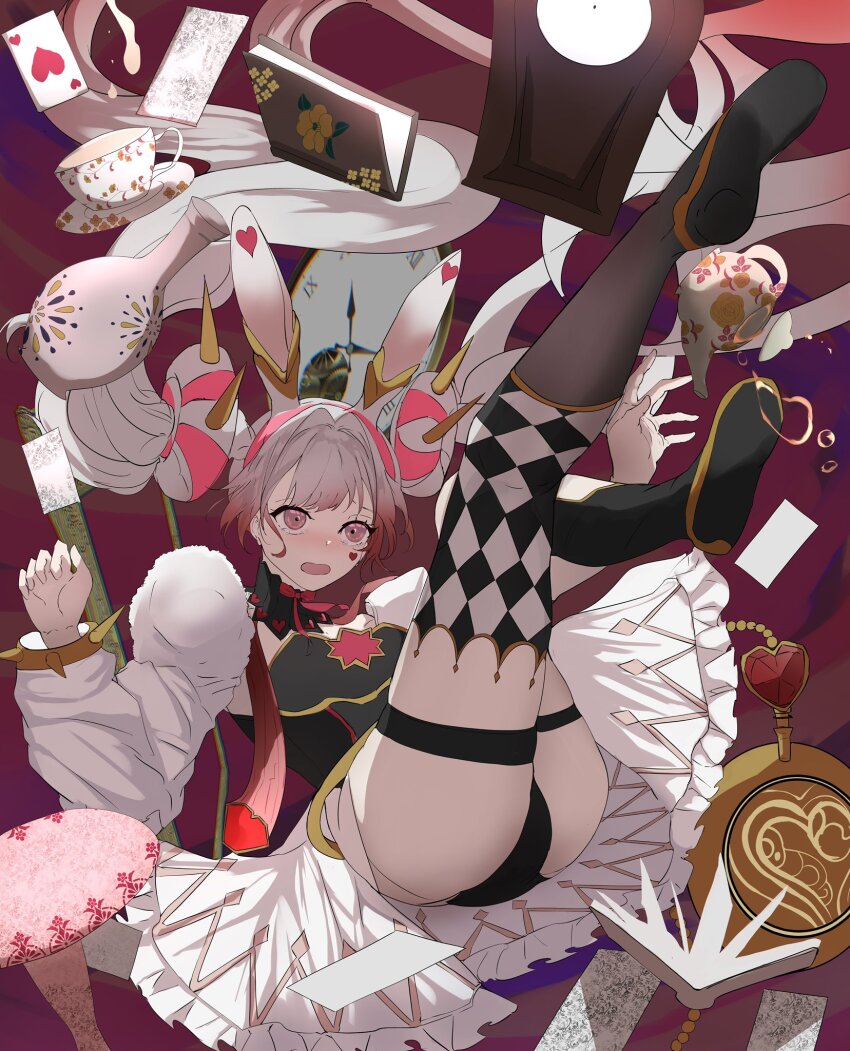 1girl animal_ears argyle_clothes argyle_thighhighs ass asymmetrical_sleeves blush book boots bracelet breasts card cup double_bun donut_hair_bun duel_monster embarrassed error_message facial_mark falling feet feet_up floating floating_book floating_object full_body grey_hair hair_bun heart heart_card heart_facial_mark highres jewelry leotard long_hair maliss_&lt;p&gt;_white_rabbit midair multicolored_hair opening_book pink_eyes playing_card pocket_watch rabbit_ears rabbit_girl showgirl_skirt skirt solo spiked_bracelet spikes teacup teapot thigh_boots twintails uneven_sleeves uragawai watch white_skirt white_sleeves yu-gi-oh!