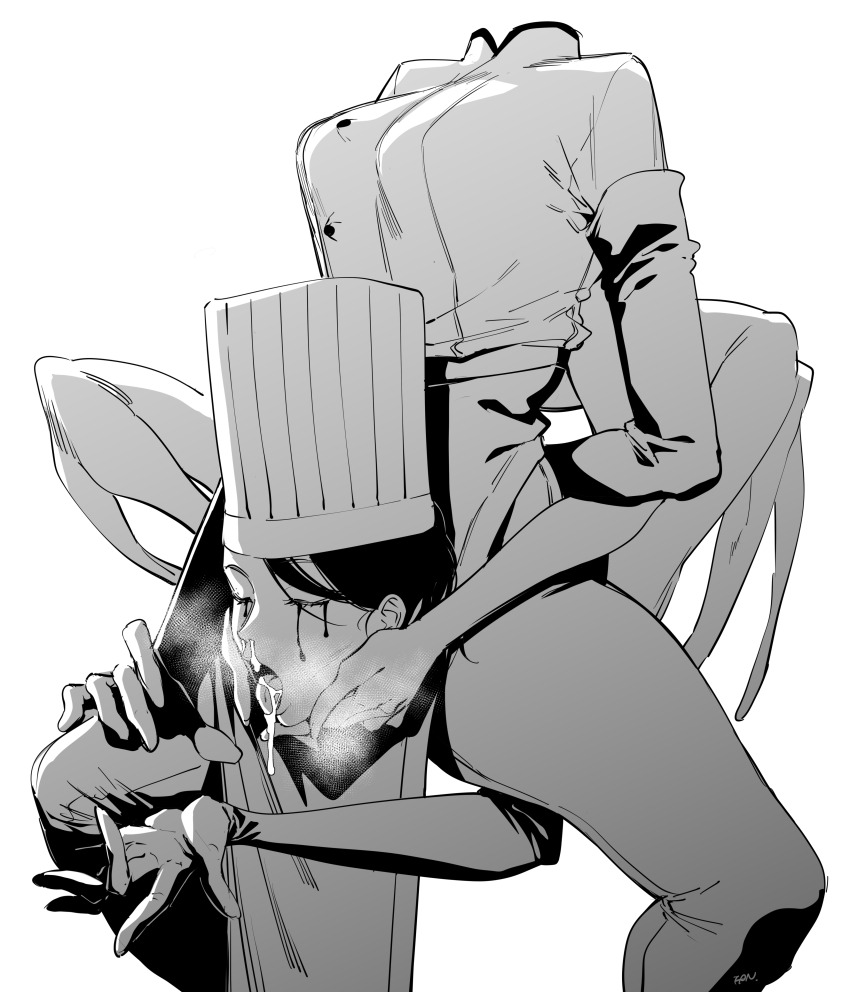 1girl absurdres blood bloody_tears breasts chainsaw_man chef_hat disembodied_head extra_arms f.w.zholic falling_devil_(chainsaw_man) fellatio_gesture fingering_gesture flat_top_chef_hat greyscale hat highres medium_breasts monochrome open_mouth simple_background solo tongue tongue_out white_background