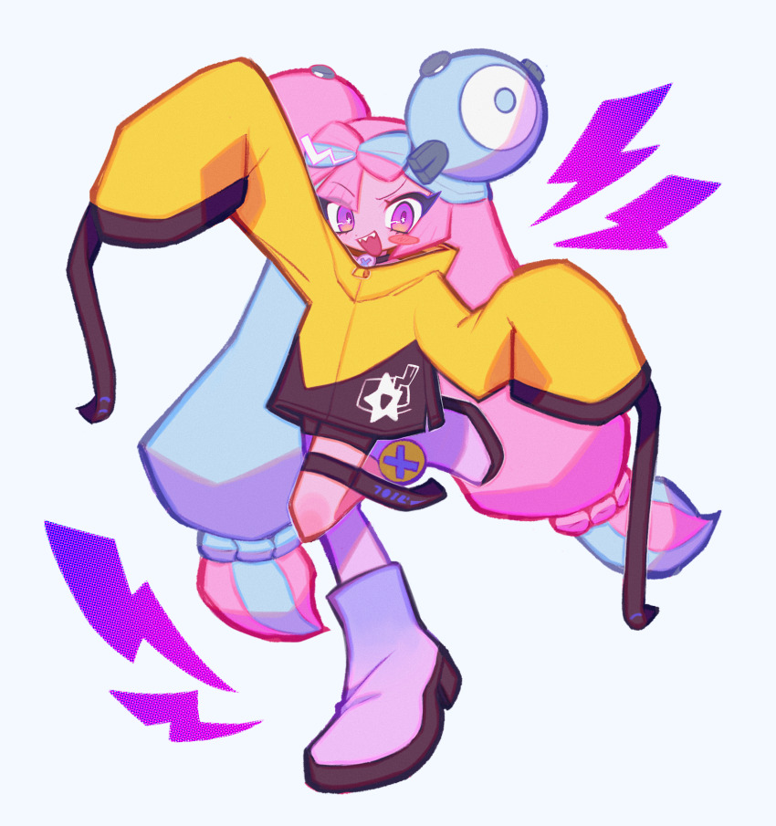 1girl black_choker black_shorts blush_stickers bow-shaped_hair character_hair_ornament choker eyelashes full_body gen_1_pokemon hair_ornament highres iono_(pokemon) jacket lightning_bolt_symbol long_hair long_sleeves low_twintails magnemite multicolored_hair nintendo open_mouth oversized_clothes pokemon pokemon_sv sharp_teeth shorts sleeves_past_fingers sleeves_past_wrists solo standing standing_on_one_leg strap teeth twintails two-tone_hair white_background white_footwear yappari yellow_jacket
