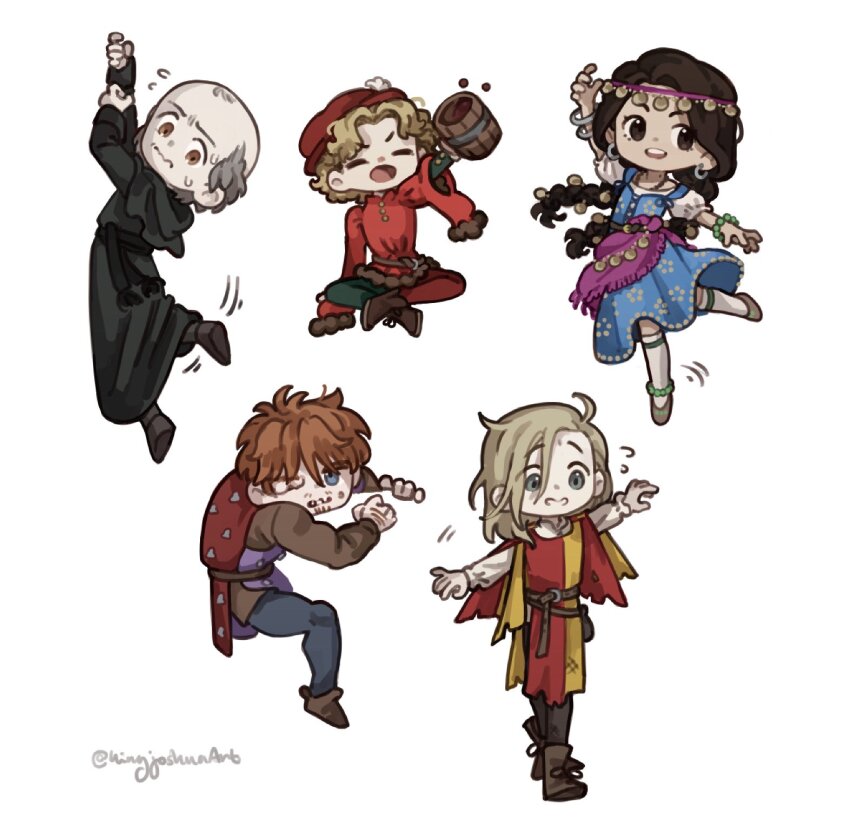 1girl 4boys arm_up balding black_pants black_robe blonde_hair blue_dress blue_pants boots bracelet brown_eyes brown_footwear brown_hair brown_tunic chibi chibi_only claude_frollo closed_eyes closed_mouth commentary cup dress drunk earrings flying_sweatdrops grey_hair gringoire hat highres holding holding_cup jehan_frollo jewelry kingjoshua la_esmeralda long_sleeves looking_at_viewer looking_down motion_lines multiple_boys multiple_bracelets nervous_smile one_eye_closed open_mouth orange_hair outstretched_arms pants quasimodo red_hat red_tunic robe short_sleeves simple_background smile socks spread_arms tabard tankard teeth the_hunchback_of_notre_dame tunic twitter_username upper_teeth_only wavy_mouth white_background white_socks