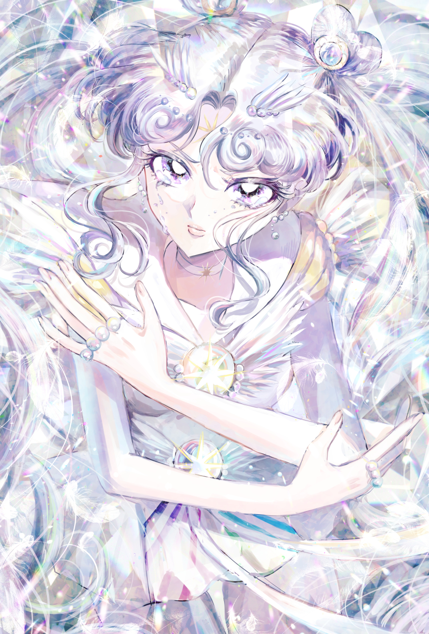 1girl absurdres bishoujo_senshi_sailor_moon bishoujo_senshi_sailor_moon_stars brooch choker closed_mouth cowboy_shot crying crying_with_eyes_open curly_sidelocks double_bun earrings expressionless facial_mark feathers forehead_mark grey_eyes hair_bun hair_ornament hairpin heart_hair_bun highres jewelry long_hair loveodoro magical_girl parted_bangs ribbon ring sailor_collar sailor_cosmos sailor_senshi_uniform solo standing star_(symbol) star_choker tears thigh_gap twintails waist_brooch white_choker white_feathers white_hair white_ribbon white_sailor_collar white_theme