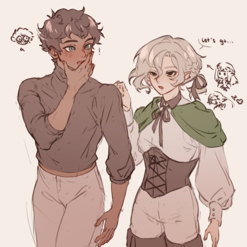 ! 2boys 2girls alternate_costume alternate_hairstyle bags_under_eyes black_eyes black_hair blue_eyes blush braid chibi chibi_inset cithis cloak commentary corset curly_hair dark-skinned_male dark_skin dungeon_meshi elf english_commentary english_text green_cloak grey_hair hand_on_another&#039;s_shoulder hand_on_own_face highres kabru lazy_eye long_sleeves looking_at_another male_focus mithrun multiple_boys multiple_girls notched_ear pants pattadol pluvioseprince pointy_ears ponytail puffy_long_sleeves puffy_sleeves shirt short_hair turtleneck uneven_eyes wavy_hair yaoi