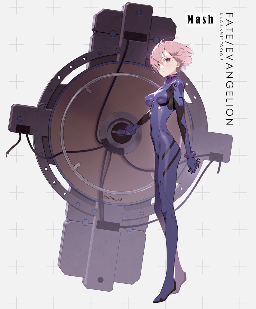 1girl adapted_costume black-framed_eyewear blue_bodysuit bodysuit breasts fate/grand_order fate_(series) glasses hair_over_one_eye highres holding holding_removed_eyewear holding_shield impossible_bodysuit impossible_clothes left-handed looking_at_viewer lord_camelot_(fate) mash_kyrielight mash_kyrielight_(ortenaus) mecha_pilot_suit medium_breasts multicolored_bodysuit neon_genesis_evangelion plugsuit_(evangelion) purple_eyes rebuild_of_evangelion science_fiction shield short_hair siino solo unworn_eyewear