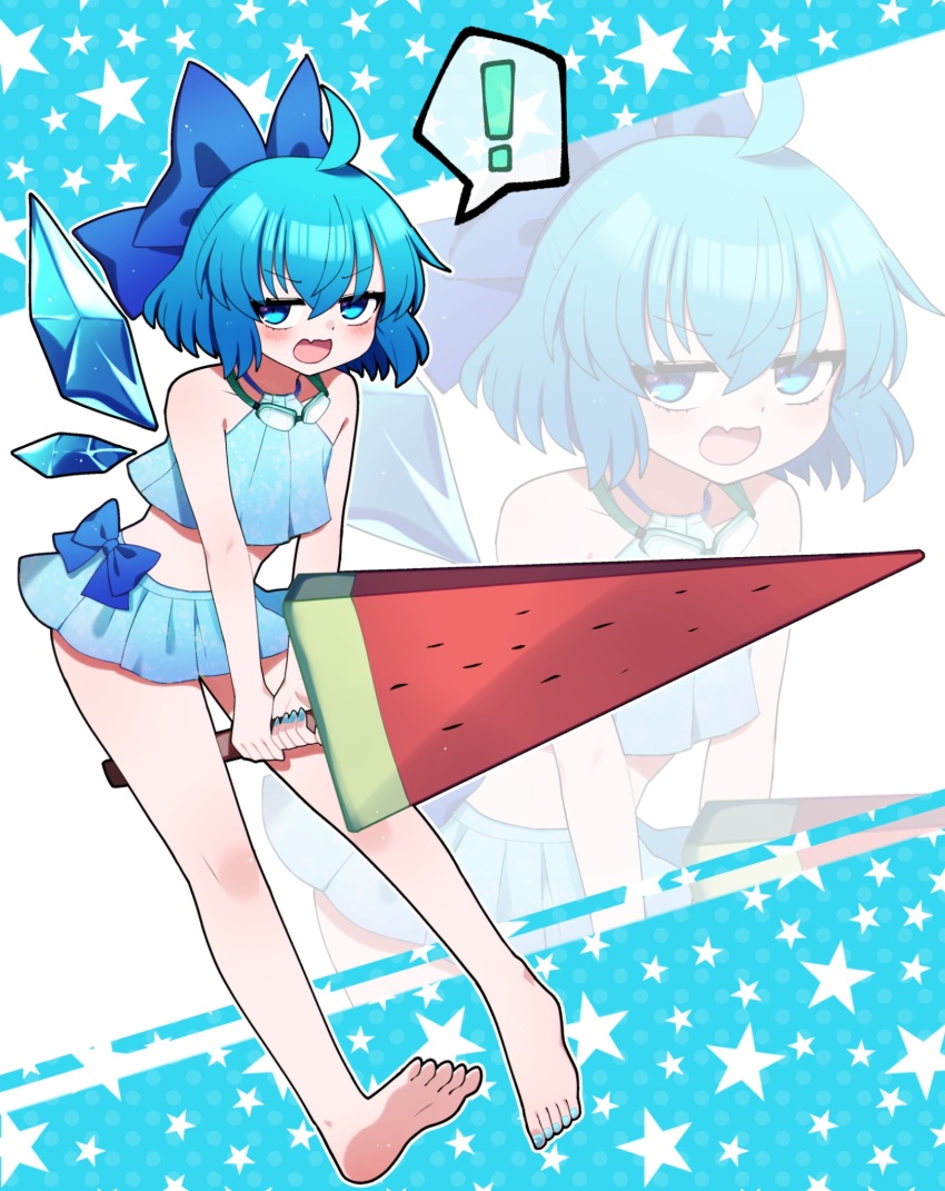 ! 1girl :d ahoge barefoot bikini blue_background blue_bikini blue_bow blue_eyes blue_hair blue_nails blush bow cirno commentary detached_wings fang food full_body hair_bow highres holding ice ice_wings nail_polish open_mouth outline polka_dot polka_dot_background popsicle short_hair skin_fang smile solo spoken_exclamation_mark standing star_(symbol) star_symbol_background swimsuit toenail_polish toenails touhou two-tone_background watermelon_bar white_background white_outline wings you_(noanoamoemoe) zoom_layer