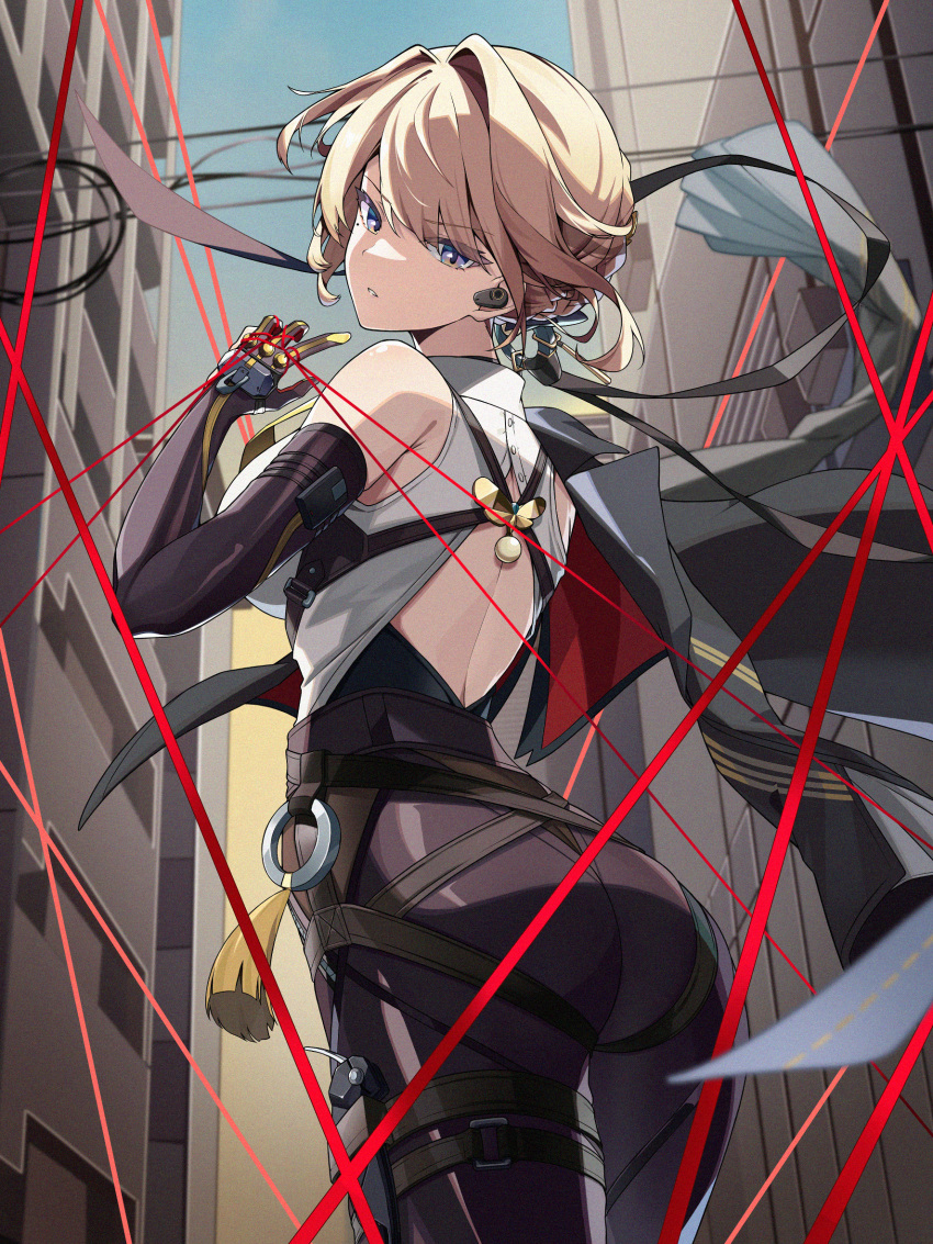 1girl ass back black_gloves black_jacket black_pants blonde_hair blue_sky commentary_request cowboy_shot earphones elbow_gloves evelyn_chevalier from_behind gloves highres jacket outdoors pants purple_eyes shirt short_hair sinigo01 sky solo thread white_shirt zenless_zone_zero