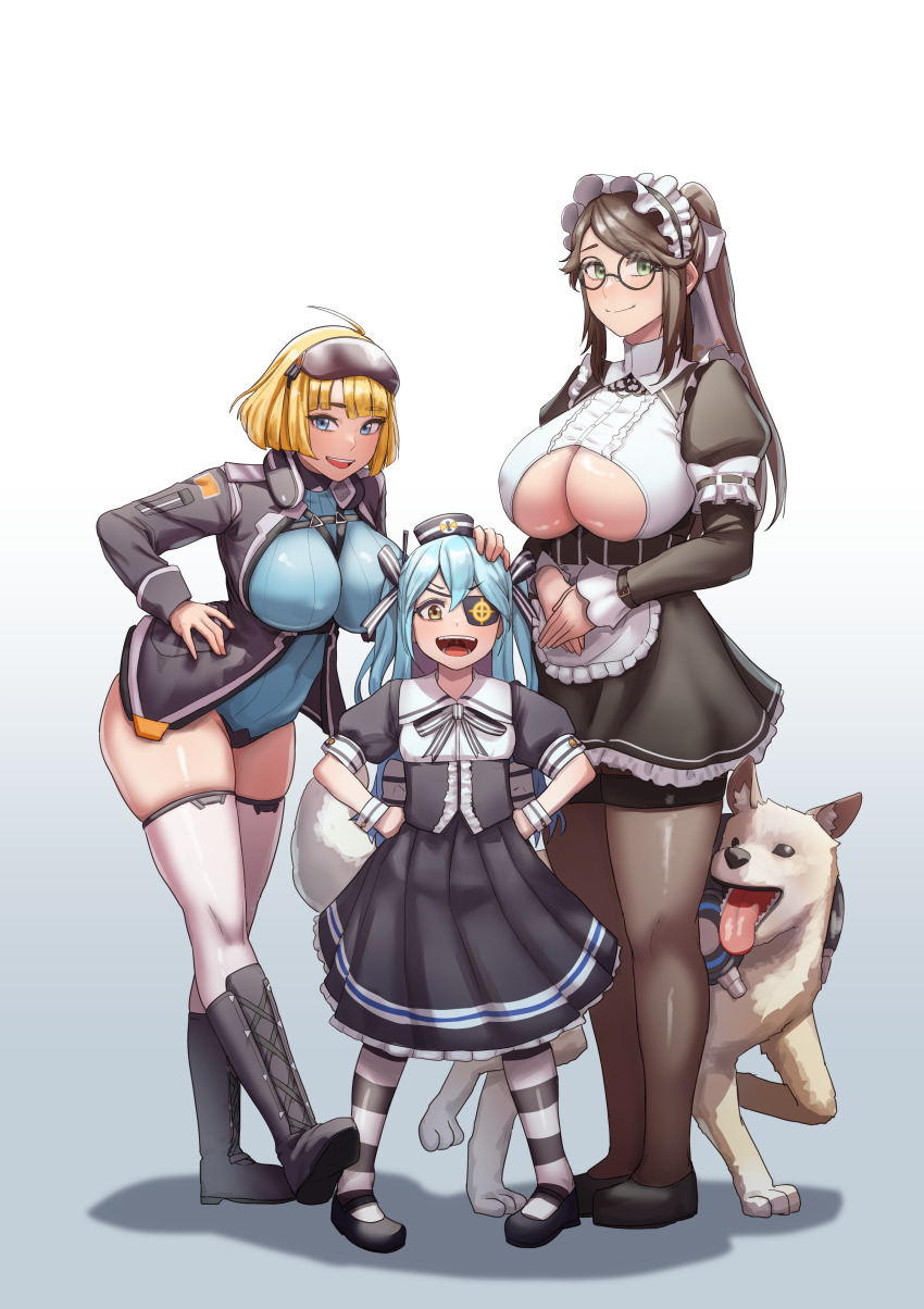 3girls absurdres black_dress black_jacket blue_eyes blue_hair blue_leotard breasts brown_hair cleavage clothing_cutout constantia_s2 contrapposto dog dress dryseaweed eyepatch full_body glasses green_eyes griffon_(last_origin) hands_on_own_hips height_difference highres huge_breasts jacket large_breasts last_origin leotard looking_at_viewer lrl_(last_origin) maid maid_headdress multiple_girls pantyhose smile thick_thighs thighhighs thighs underboob_cutout zettai_ryouiki