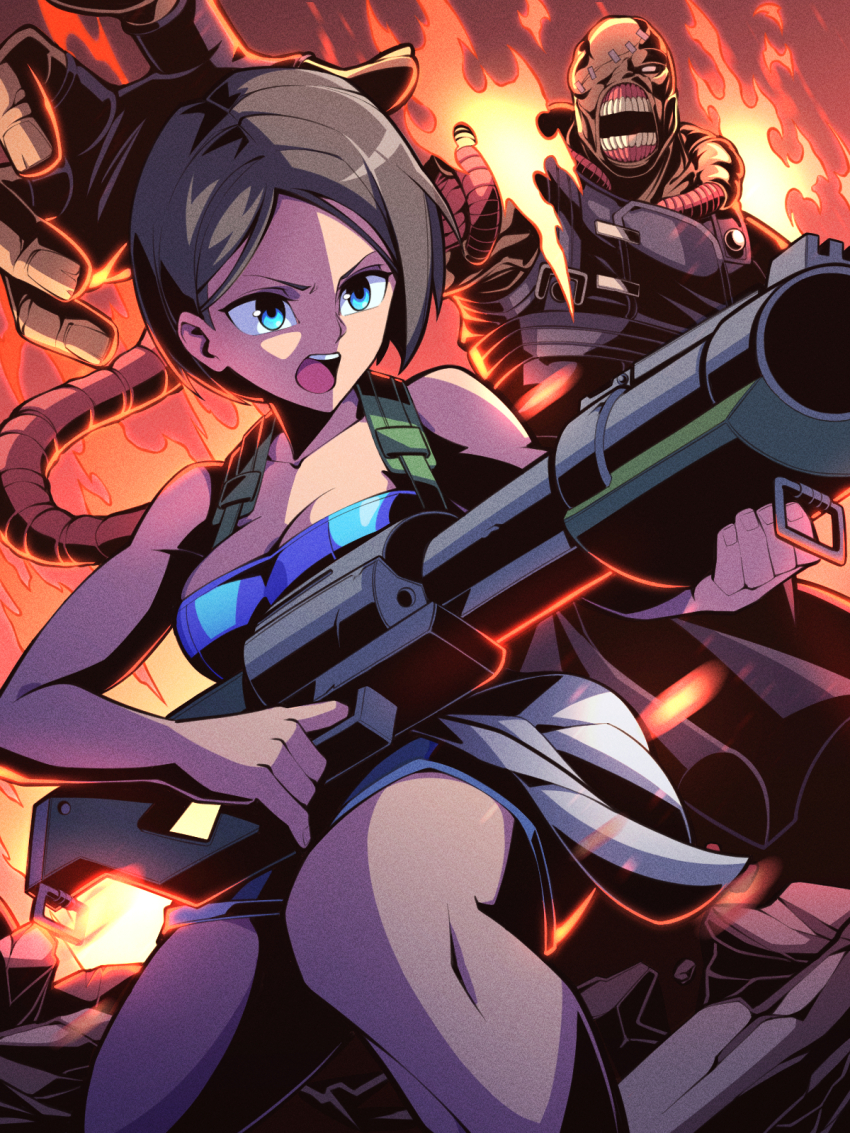 1boy 1girl black_skirt blue_eyes blue_tube_top break-action_grenade_launcher breasts brown_hair capcom cleavage fire grenade_launcher highres hk-p_l1 jill_valentine miniskirt nemesis_(resident_evil) pechamaju resident_evil resident_evil_3:_nemesis short_hair skirt stitched_face stitches strapless tentacles tube_top weapon