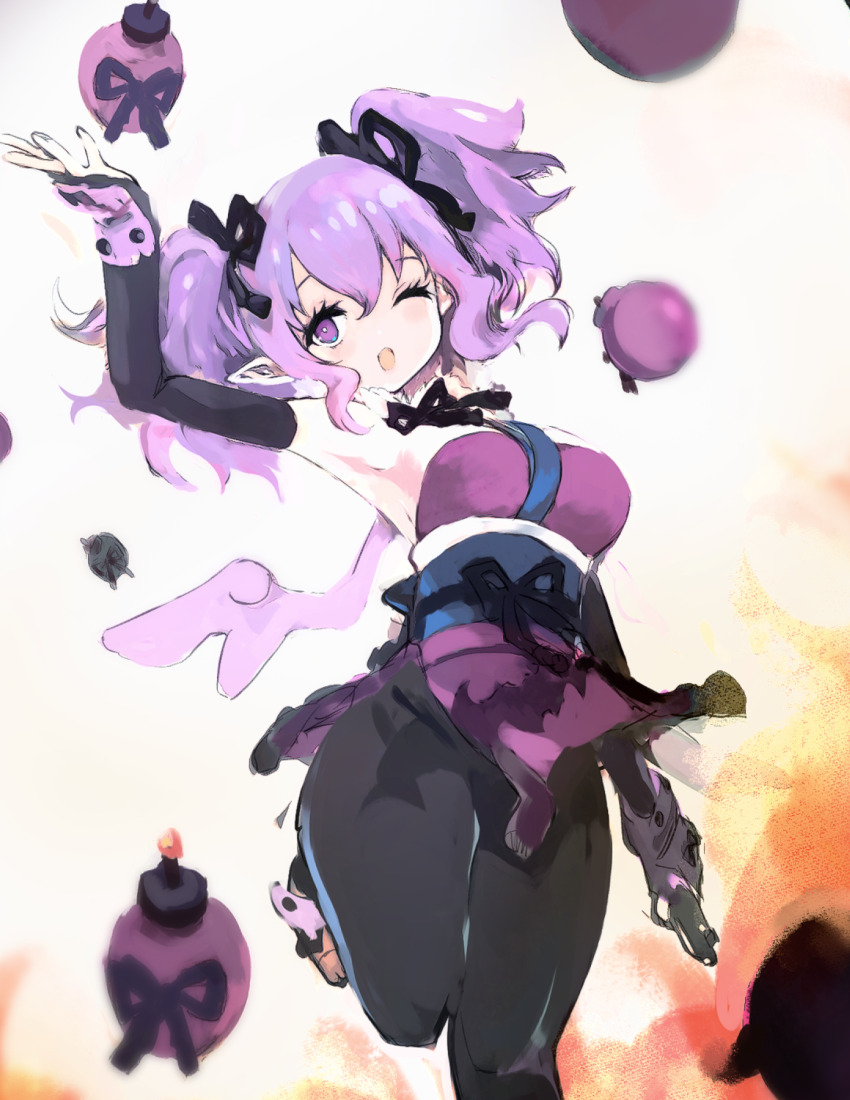 1girl black_ribbon bomb breasts ceefore_(disgaea) disgaea dropped_object elbow_gloves explosive eyelashes gloves hair_between_eyes hair_ribbon highres kakuwashi lit_fuse long_hair makai_senki_disgaea makai_senki_disgaea_7 ninja one_eye_closed open_mouth pointy_ears purple_eyes purple_hair purple_wings ribbon shiny_clothes smile solo standing standing_on_one_leg twintails weapon wings