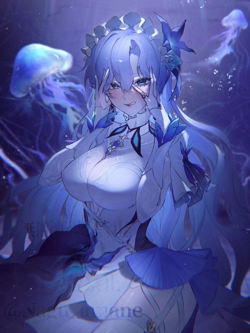 1girl :q blue_eyes blue_flower breasts cantarella_(wuthering_waves) chromatic_aberration cleavage_cutout clothing_cutout commentary_request dress facial_mark flower hair_between_eyes hair_flower hair_ornament hands_on_own_face headdress highres large_breasts light_blush long_sleeves looking_at_viewer mark_under_eye nagu_amane revision side_slit smile solo tongue tongue_out white_dress wuthering_waves