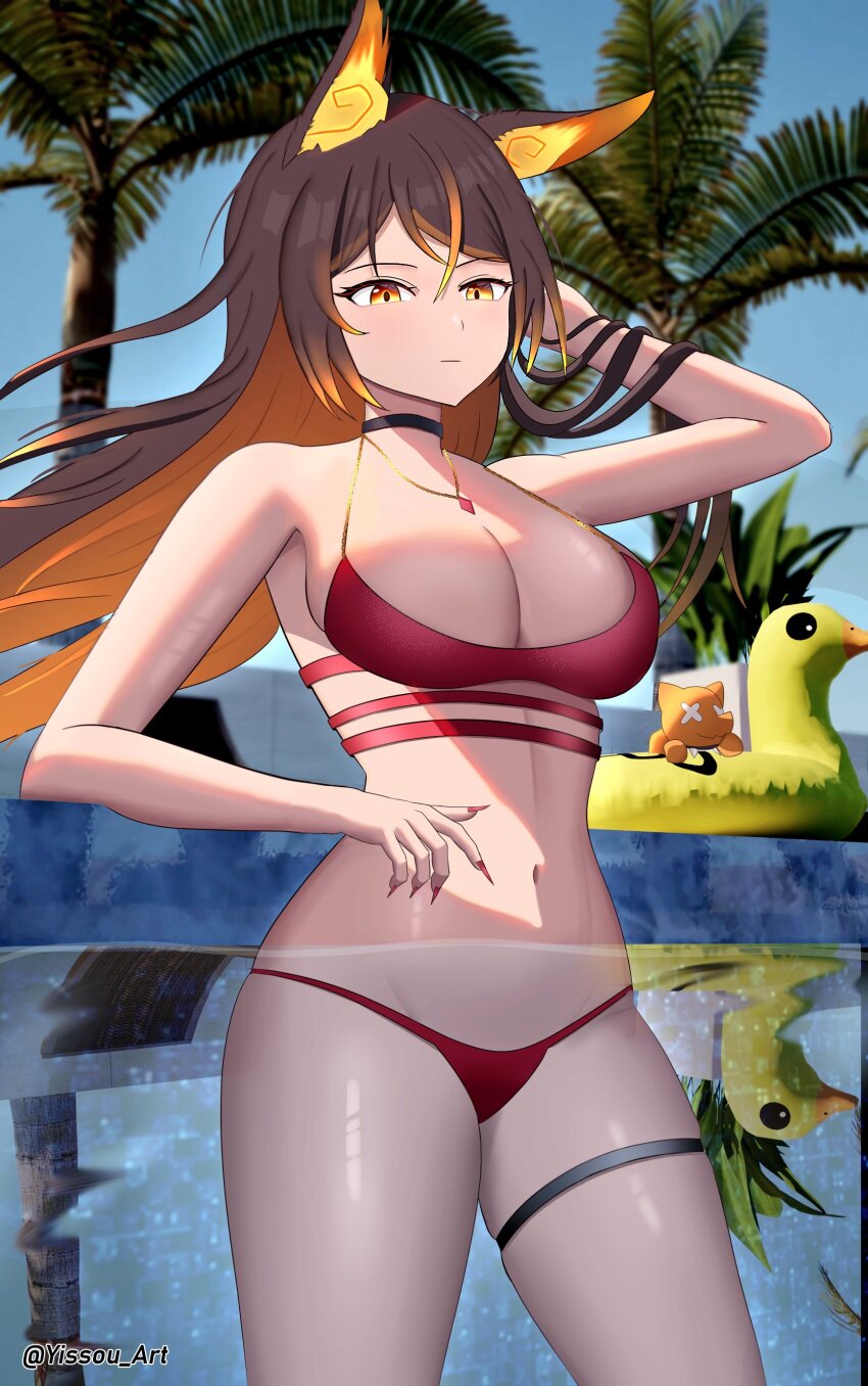 1girl absurdres bikini blush breasts highres indie_virtual_youtuber large_breasts long_hair looking_at_viewer orange_fire pool sinder_(vtuber) smile solo swimsuit virtual_youtuber wolf_girl yissou_art