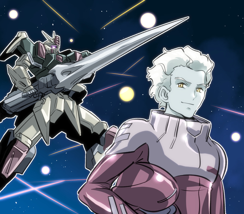 1boy buster_gundam dearka_elsman explosion gundam gundam_00 gundam_00_a_wakening_of_the_trailblazer gundam_seed helmet highres kato_takuji mecha pale_skin pilot_suit robot space unworn_headwear unworn_helmet yellow_eyes