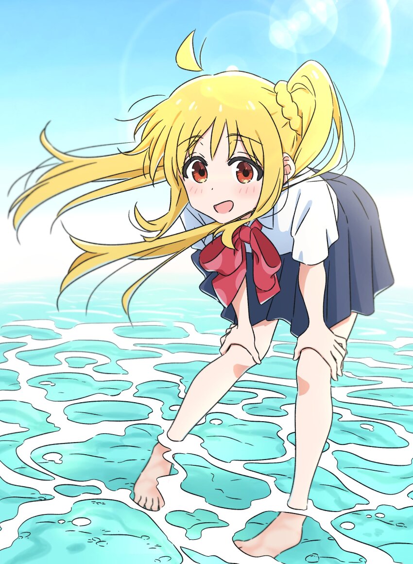 1girl absurdres ahoge barefoot bent_over blonde_hair blue_skirt blush bocchi_the_rock! bow bowtie commentary_request day detached_ahoge dot_nose floating_hair full_body hands_on_own_knees highres ijichi_nijika lens_flare long_hair looking_at_viewer mayo_(oekaki_bibbi) ocean open_mouth outdoors pleated_skirt red_bow red_bowtie red_eyes school_uniform shallow_water shimokitazawa_high_school_uniform shirt short_sleeves side_ponytail sidelocks skirt smile solo standing water white_shirt