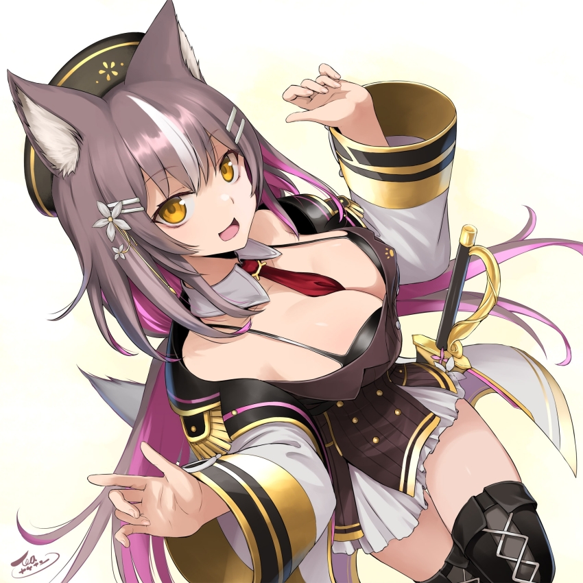 1girl :d animal_ears black_boots black_bra black_hat boots bra breasts brown_dress brown_hair chisaka_airi commentary_request commission detached_collar dress frilled_dress frills from_above hair_ornament hairclip hands_up hat highres large_breasts long_sleeves looking_at_viewer multicolored_hair necktie open_mouth phase_connect red_necktie skeb_commission smile solo streaked_hair tea_(nakenashi) thigh_boots tongue underwear virtual_youtuber white_hair wide_sleeves yellow_eyes