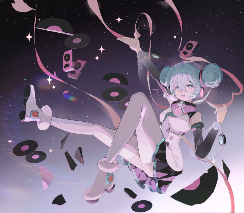 absurdres arm_up black_skirt black_sleeves breasts cd cd_player commentary detached_sleeves dispersion_(optics) double_bun english_commentary fang floating full_body gradient_background hair_between_eyes hair_bun hair_ornament hatsune_miku helmet highres kuweichuanxin_jr medium_breasts necktie open_mouth pink_ribbon pleated_skirt ribbon roller_skates see-through_clothes see-through_sleeves shirt skates skin_fang skirt sleeveless sleeveless_shirt space_helmet star_(sky) thighhighs thighs underbust underlighting vocaloid white_footwear white_thighhighs
