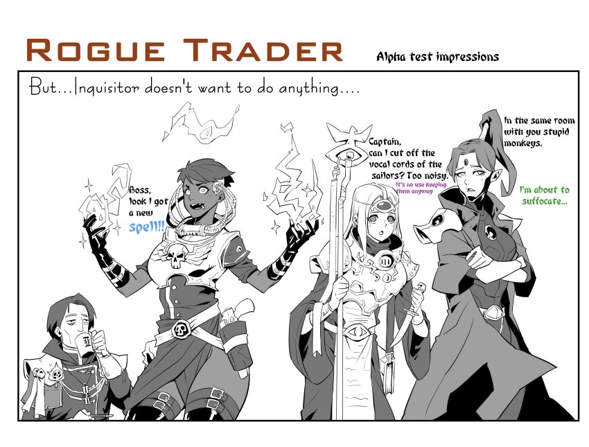 1boy 3girls absurdres armor breastplate cassia_orsellio crossed_arms dagger drinking eldar english_text gloves gun handgun heinrix_van_calox highres holding holding_staff idira_tlass knife multiple_girls pointy_ears psyker rmulderz saliva skull staff tea topknot warhammer_40k warhammer_40k:_rogue_trader weapon yrliet_lanaevyss
